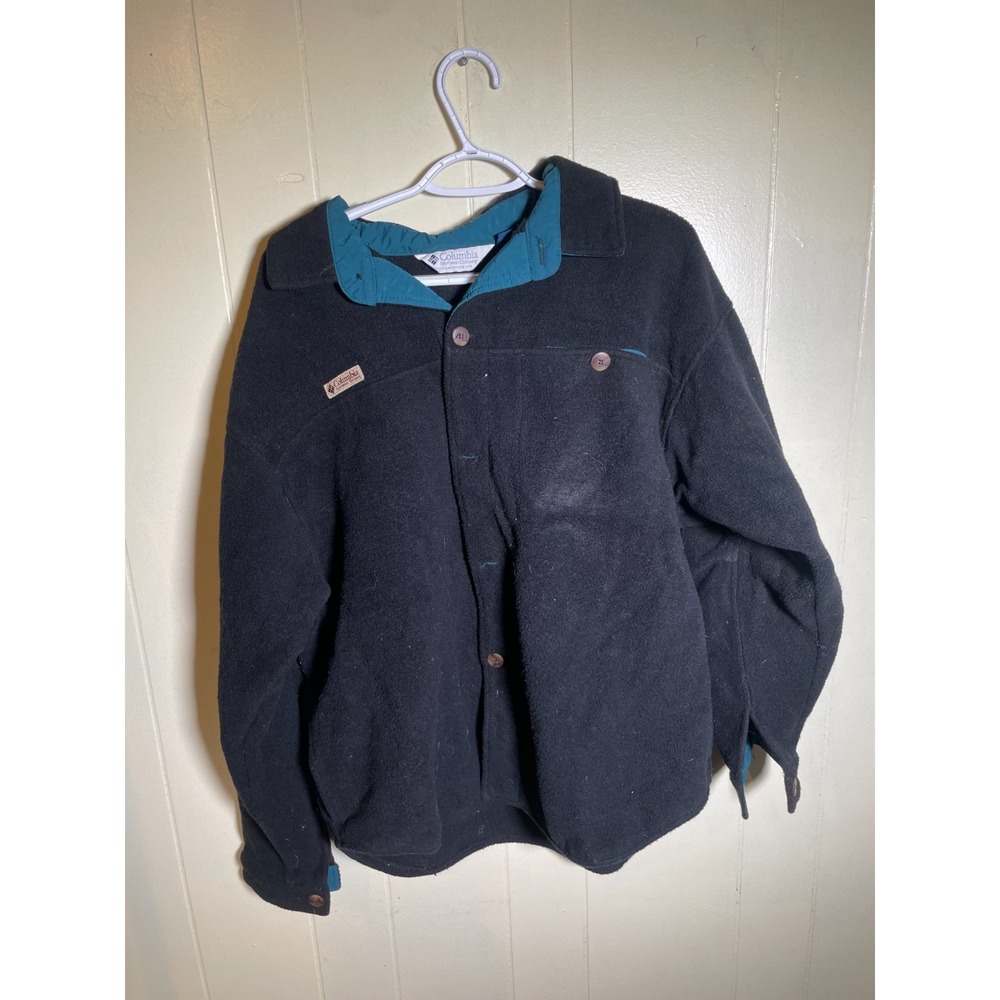Vintage Columbia Sportswear Button Front Fleece Jacket Black Teal Mens L USA